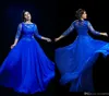 2023 Moeder van de bruid jurk illusie chiffon kanten prom jurken lang koningsblauw 3/4 mouwen plus maat formele avondjurken op maat gemaakt