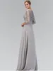 Lång A-Line Silver Grey Modest Bridesmaid Klänningar Med 3/4 Ärmar Chiffon Lace Formell Golvlängd Bröllopsfest Maids of Honor Dress