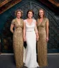 Shinny Gold Sequined Sheath Bridesmaid Dresses Deep v Neck Short Sleeve Maid Of Honor Gowns Floor Length Wedding Guest Formal Dresses