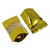 100 Unids / lote Gold Zip Lock Sellado térmico Bolsa de aluminio Doypack Paquete con plástico transparente Ventana Stand Up Golden Mylar Bolsas Ziplock