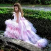 Charming Pink Ball Gown Flower Girl Dresses Luxury Feathers Sweep Train Tulle Girls Pageant Dresses First Communion Dresses Custom Made