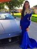 Appliques Elegant Royal-Blue Mermaid High-neck Long-Sleeves Prom Dress Velvet Crystals Open Back Afton Dress Vestido Largo de Fiesta