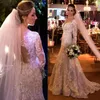 2020 vestidos de casamento querido cheia do laço frisado apliques de cristal Illusion Sheer Open Back Com vestidos de noiva Botão mangas compridas Plus Size