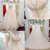 Luxuriöse Kristalle Perlen Brautkleider 2017 V-Ausschnitt A-Linie Brautkleider Schnürung hinten Sweep Zug Brautkleider nach Maß