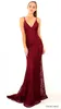 Burgundy Lace Backless Prom Klänningar V-Neck Mermaid Beaded Customized Evening Gowns Sweep Train Billiga Party Dress