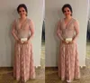 Vintage Pink Lace Mother of Bride Groom Dresses Long Sleeves Pearls Plus Size Wedding Guest Dress