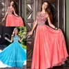 Gratis verzending Populaire Social Ice Blue Turquoise Coral Modest Kralen Prom Jurk Elegante Lange Frone Jurk Meisjes Homecoming Jurk