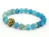2016 Mens Jewelry Wholesale 8mm Sky Blue Weathering Agate Stone Antique Silver&Real Gold Plated Lion Head Bracelets