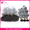 Девственница перуанский ломбер человеческих волос 3Bundles с 13x4 кружева фронтальная объемная волна 1B / серый два тона человеческих волос ткет с Frontals серебристо-серый