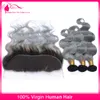 Virgin PeruVian Ombre Human Hair 3Bundles med 13x4 spets frontala kroppsvåg 1Bgrey Two Tone Human Hair Weaves With Frontals Silver2608151