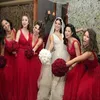 Vestidos verão país jardim vermelho dama de honra vestido uma linha v pescoço apliques frisado tule longa dama de honra vestidos de festa noite