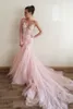 Sexy Blush Pink Mermaid Wedding Dress Luxurious V Neck Sleeveless Backless Beads Lace Appliques Tulle Bridal Gowns LS 31