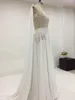 Echte Ivory Champagne Sheer Wedding Dress Illusion Top Mouwloze Zilveren Kant Applicaties Corset Back Chiffon Bruidsjurken met Split en Trein