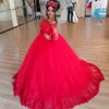 Charming Red Ball Gown Prom Dresses Illusion Long Sleeves Lace Applique Stunning Evening Gowns Custom Made Dubai Abaya Dress