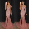 Pink Rose luxo Bling V Neck Mermaid Formal Prom Vestidos cristal frisado Pageant Vestido major Beading Dividir Varrer Vestido Train Wear