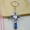 MIC 60sts blå färg emaljlegering Jesus Christ Cross Charm Chain Key Ring DIY Jewelry4726228