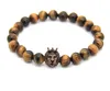 2016 New Design Men's Bracelets Whole 8mm Natural Tiger Eye Stone Beads with Crown Lion Head Bracelets Party GiftBracele171A