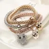 Partihandel-Fashion 3pcs / set Crystal Bead Armband Kvinnor Guldpläterad Crystal Owl Bangles Smycken Elastiska Charm Presenter Pulseira Feminina