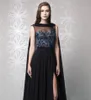 Tony Ward Black Chiffon Side Split Avondjurken met Mantel 2017 Goedkope Blue Embroidery Beaded Long Dress Evening Draag Custom EN10269