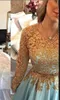 Charming Light Blue Gold Lace Evening Pageant Dresses Long Sleeve beaded belt middle east country Prom dresses Party Gown Dress