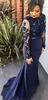 Evening Dresses Wear 2017 New Jewel Neck Lace Applique Beaded Prom Dress Long Sleeves Illusion Mermaid Navy Blue Satin Formal Party Gowns