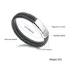 Helt nytt svart äkta läder 12mm silverton Rostfritt stål Vogue Mens Smycken Bangle Armband Magnetisk Snap