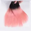 #1b розовый двухцветный Ombre человеческие волосы ткет с закрытием прямые темные корни розовый Ombre полный кружева 4x4 фронтальная закрытие с 3 пучками