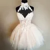 Baljurk Wit Naakt Korte Homecoming Jurken Hoge Hals Applicaties Tule Puffy Sleutelgat Back Prom Dresses Cocktail Party Jurken