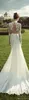 Haute-Couture-Hochzeitskleid aus Chiffon mit Spitze, langärmelig, Stehkragen, Illusionsrücken, Applikation, Hofschleppe, tief geschlitztes Vorgarten-Brautkleid