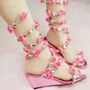 Sandales de mariage pour femmes, chaussures de gladiateur en cristal et fleur rose, chaussures d'été à talons compensés, bottes de mariée à bout ouvert