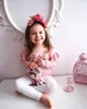 جديد طفلة الملابس مجموعة طويلة الأكمام الكشكشة الوردي القميص بلايز + الفضة طماق السراويل الجلدية + قبعة bowknot 3 قطع الفتيات وتتسابق