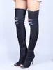 Горячие женщины сапоги лето осень peep toe над коленом сапоги качество высокие эластичные джинсы мода сапоги на высоких каблуках