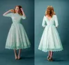 Mode Tee Länge Brautkleid Mint Bunte Kurze Brautkleider Bateau Neck Vintage Spitze Garten Hochzeit Party Tragen Nach Maß