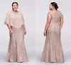 2020 Champagne New Mother Off Bride Dresses Jewel Neck Full Lace With Cape Wrap Beaded Floor Length Mermaid Plus Size Wedding Guest Dresses