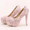 Różowe Koronki Prom Buty Handmade Rhinestone Sukienka Bridal Sukienka Platformy Formalne buty 5,5 cali Wygodne pompy weselne