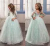 Vestidos de niña de flores de princesa de color menta claro Apliques de encaje Mangas transparentes Vestido de fiesta Longitud del piso Vestidos de fiesta para niños Vestidos de comunión por encargo