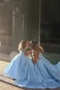 2016母と娘のウエディングドレスプリンセスボールガウンvネックレースアップリケ幻想青ヌードボディススイープトレインママプロムのガウン