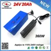 FREE SHIPPING 24V 20Ah Electric Bike Battery Lithium ion Battery Pack 24V 20Ah with 3.7V 2.0Ah Cell PVC case 15Amp BMS + charger