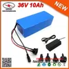 Rechargeable 36v electric bike battery 10ah lithium li ion battery pack 500w bicycle scooter with 15A BMS 2A charger