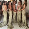 Gold Sequins Bling Bridesmaid Dresses Side Slits Sexy Back Sheath Long Vintage Wedding Maid of Honor Gowns Women's Prom Pageant Formal Wear