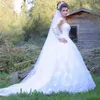 Abiti da sposa a maniche lunghe in pizzo pieno 2017 Sheer Neck A Line Abiti da sposa da giardino vedere attraverso la schiena Spazzata Trainvestido De Noiva