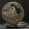 Orologi da taschino Vintage Bronze Train Intagliato Steampunk Gears Scheletro Orologio al quarzo Ciondolo Orologio da uomo Collana da donna Collana regalo