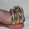 Vecalon Fashion 3-в-1 Женская кольцо Принцесса Cut 7mm Simuled Diamond Cz Yellow Gold 925 Серебряный серебряный кольцо стерлингового кольца Set299U