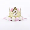 Hot New Gold Baby 1-9st Urodziny Party Crown Crown Sztuczne Różowe i Kremowe White Rose Flowers Tiara Headband Hj152