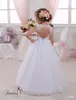 2016 Kids Evening Gowns with Beaded Jewel Neck and Heart Open Back Tulle & Lace White Flower Girls Dresses Floor Length