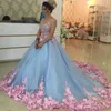 Underbara quinceanera klänningar 3d blommiga applikationer ärmlös söt 16 klänningar boll klänning prom klänning skräddarsydda