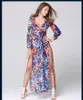 Zomer stijl lange maxi jurk v-hals lange mouw vrouwen boho jurken mode casual spleet blauwe bloemen print strand jurk vestidos