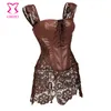 Wholesale-Steampunk Brown Lace and Leather Corset Dress Punk Gothic Clothing Sexy Korset Waist Training Corsets Plus Size Lingerie 6XL