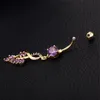 18K Yellow Gold Plated Crystal Leaf Long Tassesl Belly Ring Bar Button Ring Body Piercing Jewelry for Women