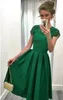 Graceful 2016 Dark Green Satin Lace Applique Tea Length Homecoming Dresses Cheap Sexy Backless Short Sleeve Beaded Ruched Party Gowns EN9024